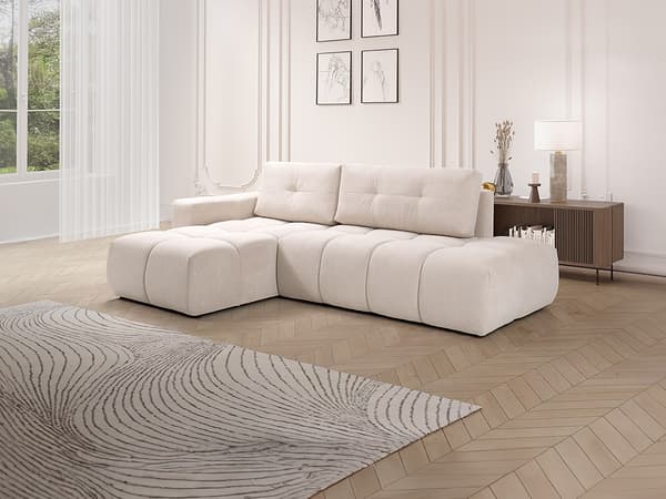 Vente-unique - Vänstervänd bäddsoffa med texturerat beige tyg TRIMALDI