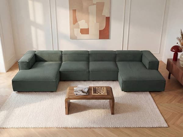 Vente-unique - Vänstervänd schäslong i grön manchester RUZOLO