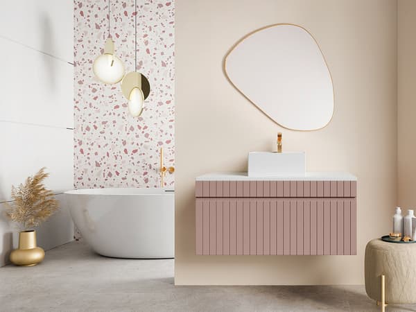 Vente-unique - Upphängd skåp för tvättställ med strimmig rosa panel - 100 cm - SATARA