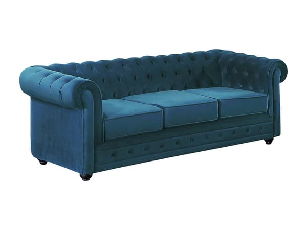 Vente-unique - 3-sitssoffa och fåtölj CHESTERFIELD - Petrolblå sammet