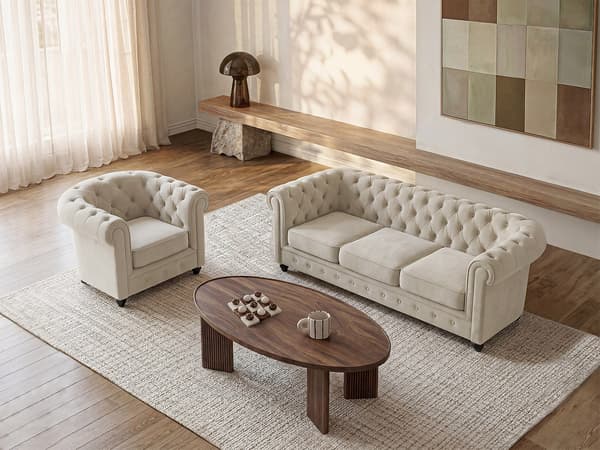 Vente-unique - 3-sitssoffa och fåtölj i beige sammet CHESTERFIELD