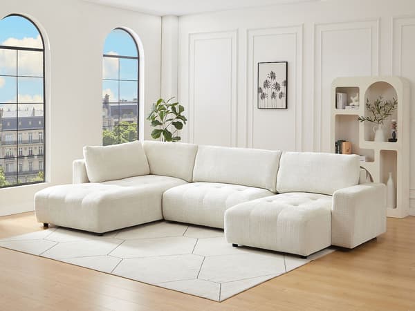 Vente-unique - Stor beige högervänd panoramasoffa i chenilletyg CELARO