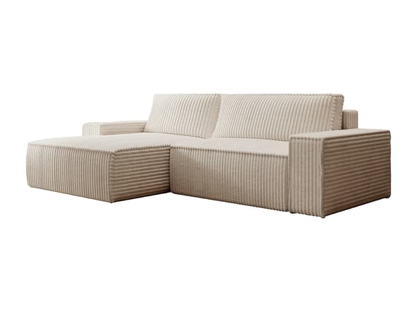 Vente-unique - Vänstervändvänd bäddsoffa i beige manchester med breda ränder AMELIA