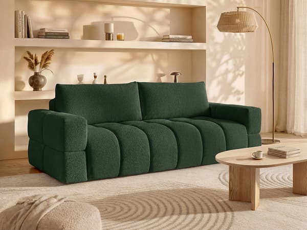 Vente-unique - ISSORO II 3-sits bäddsoffa i grönt bouclétyg