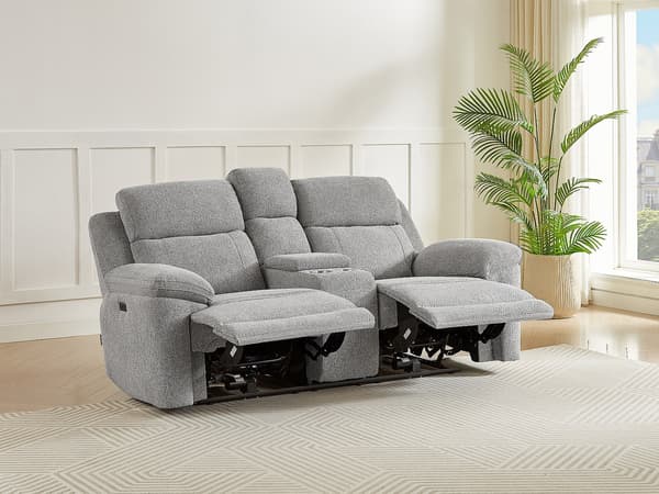 Vente-unique - 2-sits soffa med elektrisk relaxfunktion och bricka i melerat grått tyg KELUNO