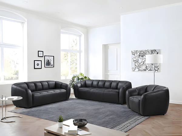 Vente-unique - 3-sitsig soffa, 2-sitsig soffa och fåtölj i svart läder PRADONI