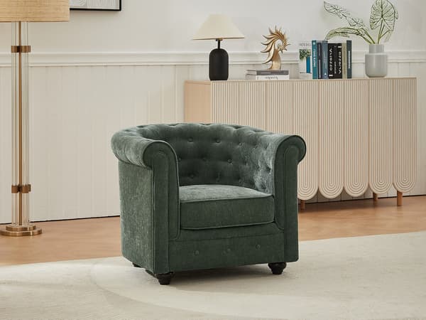 Vente-unique - Chesterfield grön tygfåtölj