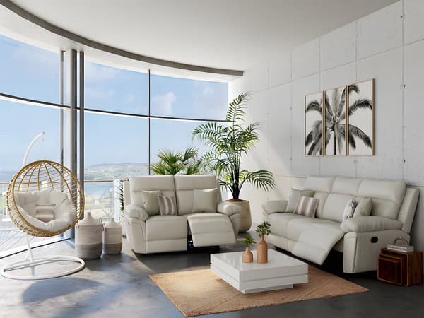 Vente-unique - 3-sits och 2-sits reclinersoffa i elfenbensvit  buffelläder PAKITA