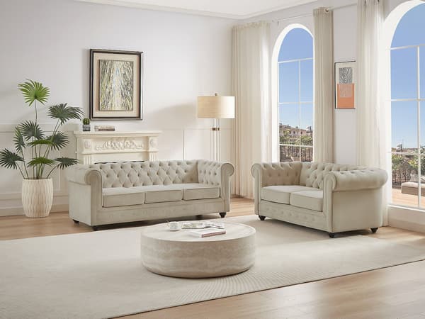 Vente-unique - 3-sits och 2-sits soffa i beige sammet CHESTERFIELD