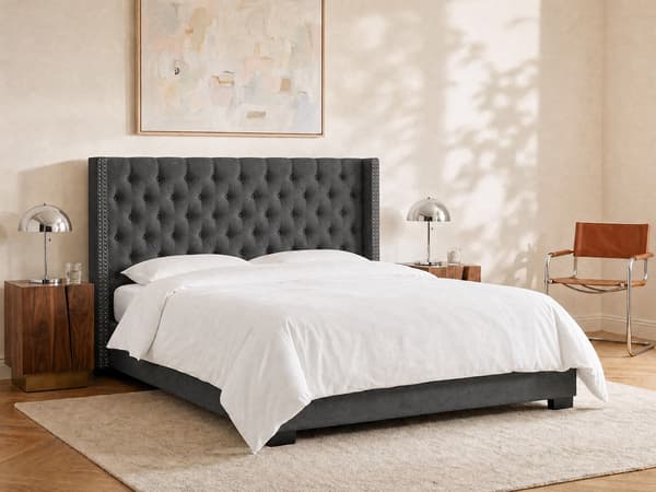 Vente-unique - Säng 200 x 200 cm med Vadderad sänggavel - Tyg - Grå - MASSIMO