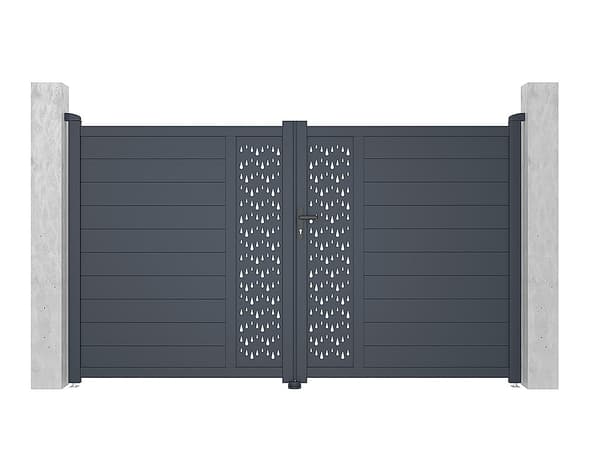 Vente-unique - Elektrisk svänggrind i aluminium, halvt solid med mönster, B305 x H181 cm, mörkgrå GREGOR