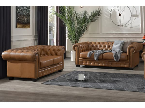 Vente-unique - 3-sits och 2-sits Chesterfieldsoffa camel buffelläder BRENTON
