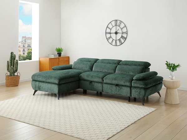 Vente-unique - SURDELI bäddsoffa för vänster hörn i grönt texturerat tyg