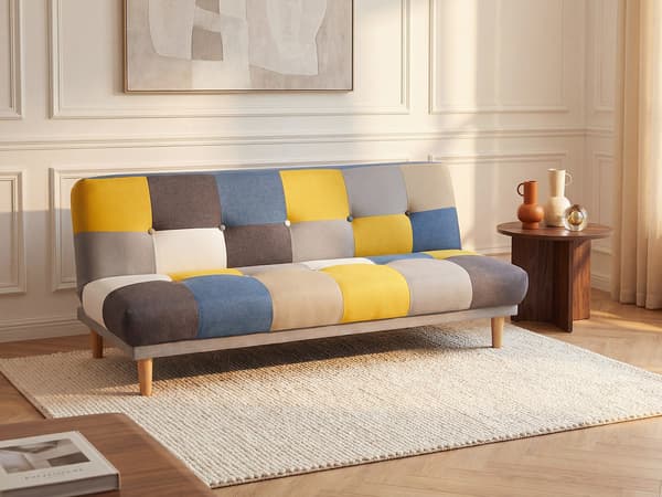 Vente-unique - MARDAG 3-sits klick-klack bäddsoffa i tyg - Grå, blå, gul patchwork