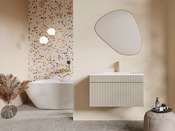 Vente-unique - Hängande randig beigeunderskåp till handfat - 80 cm - SATARA