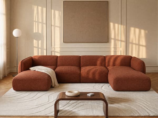 Vente-unique - Vinklad panoramisk modulsoffa i Chenilletyg - Terrakotta - Maison Céphy CAMILIO