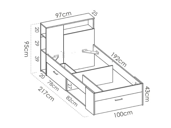 Vente-unique - Sängram med förvaring - 90 x 190 cm - Vit + ribbotten - LEANDRE