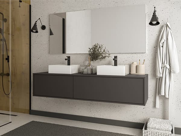 Vente-unique - Väggmonterad badrumsmöbel i mörkgrå med dubbla handfat – L150 cm – ISAURE II