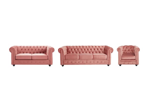 Vente-unique - 3-sitssoffa, 2-sitssoffa och fåtölj CHESTERFIELD - Pastellrosa sammet