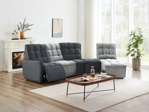 Vente-unique - Modulerbar elektrisk reclinerhörnsoffa i ljusgrå och mörkgrå sammet ALFORD