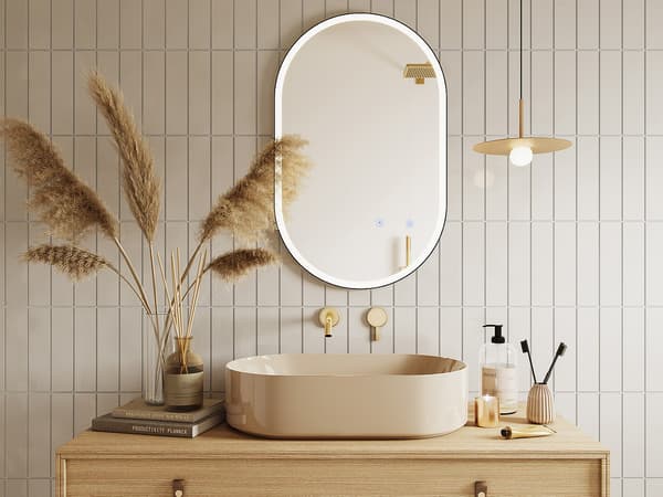 Vente-unique - Oval LED-badrumsspegel svart ram imskydd 50 x 80 cm ALARICO