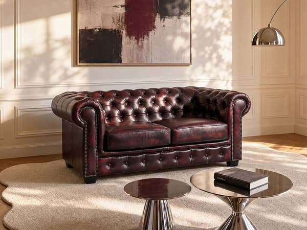 Vente-unique - 2-sits Chesterfieldsoffa i bordeaux buffelläder BRENTON