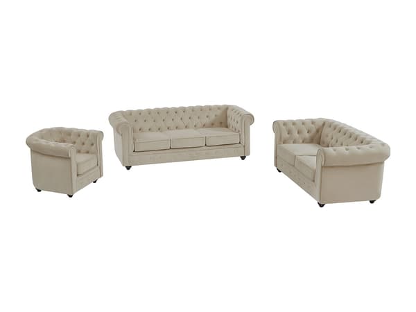 Vente-unique - 3-sits och 2-sitssoffa och fåtölj i beige sammet CHESTERFIELD