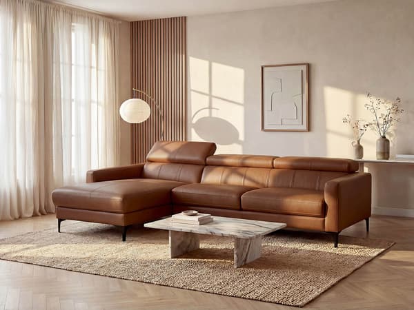 Vente-unique - Hörnsoffa med schäslong vänsterställd camel buffelläder FLORENCE