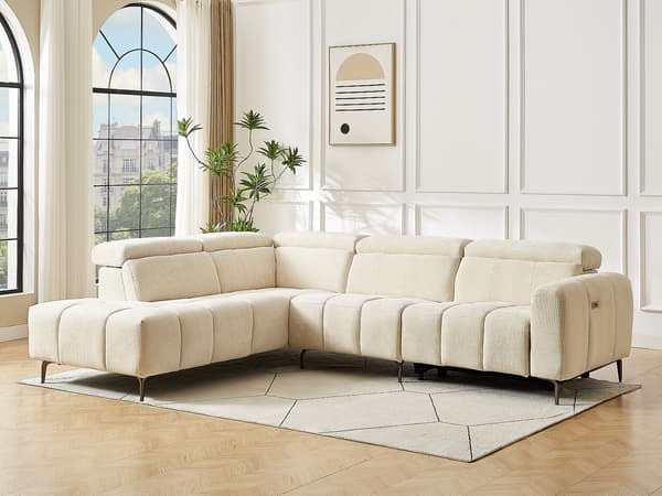 Vente-unique - Vänstervändvänd hörnsoffa med elektrisk reclinerfunktion i beige texturerat tyg CALDORIA