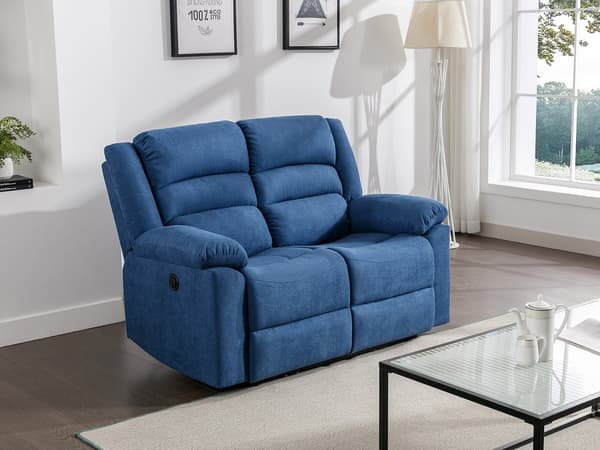 Vente-unique - 2-sits elektrisk reclinersoffa i blått tyg BUROLO