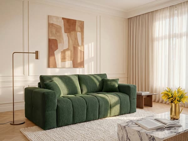 Vente-unique - 3-sitsig bäddsoffa med snabbomvandling i grön bouclé - Sovbredd 140 cm - 20 cm madrass ISSORO