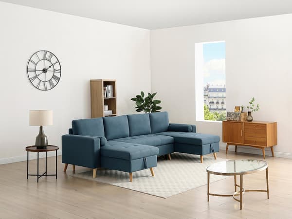 Vente-unique - Panorama hörnbäddsoffa i ankmörkt blått tyg KORI