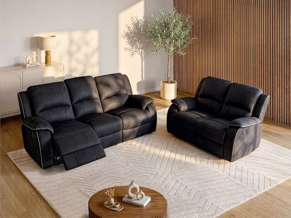 Vente-unique - 3-sits reclinersoffa och 2-sits reclinersoffa i mikrofiber HERNANI - Svart
