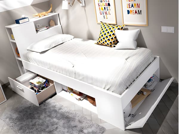 Vente-unique - Sängram med förvaring - 90 x 190 cm - Vit + ribbotten - LEANDRE