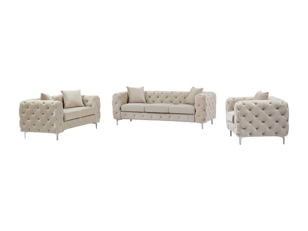 Vente-unique - 3-sitssoffa, 2-sitssoffa och Chesterfieldfåtölj i beige sammet EDWINA