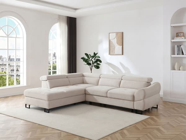 Vente-unique - Vänstervänd bäddsoffa i texturerat beige tyg VAVERDO