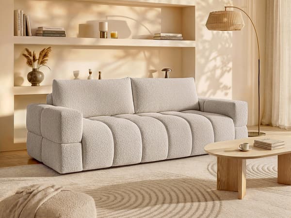 Vente-unique - 3-sits bäddsoffa i beige bouclétyg ISSORO II
