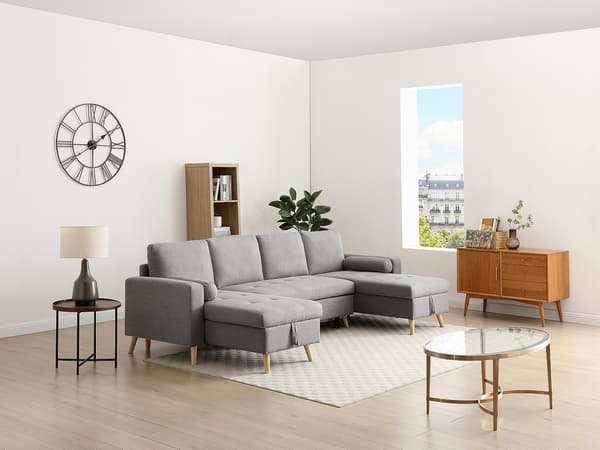 Vente-unique - Panorama hörnbäddsoffa i ljusgrått tyg KORI