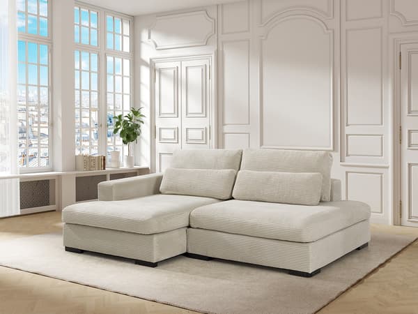 Vente-unique - Vänstervänd hörnsoffa, bäddsoffa, beige manchester SELIORA