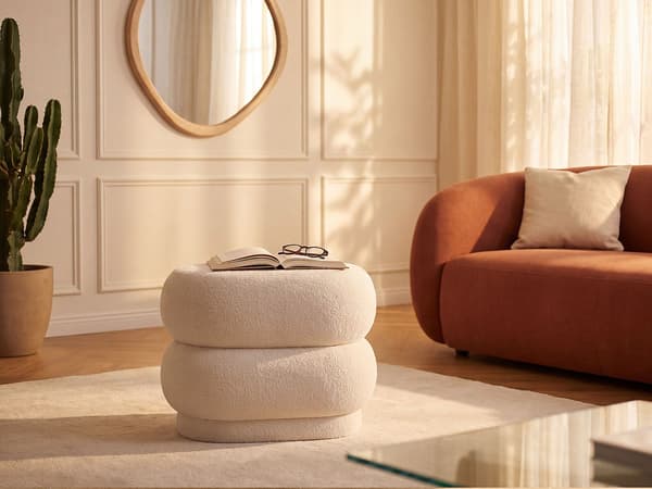 Vente-unique - Vit bouclé-tyg sittpuff LECINIO