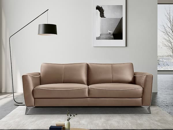 Vente-unique - BATUCO 3-sitssoffa i brunt läder med beige kantband
