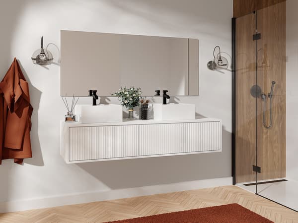 Vente-unique - Tvättställsskåp väggmonterad räfflad vit 150 cm ARNEGA