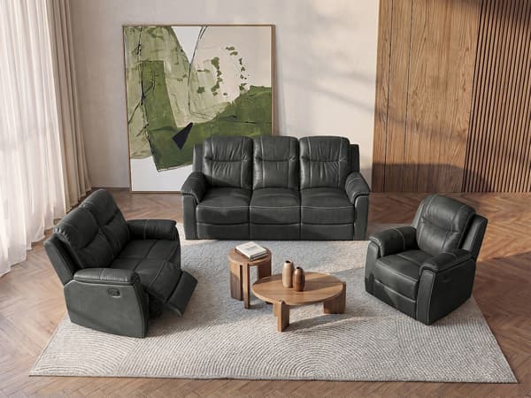 Vente-unique - 3-sitssoffa, 2-sitssoffa och en reclinerfåtölj EVASION i läder - Grå