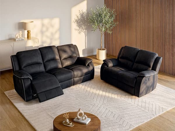 Vente-unique - 3-sits reclinersoffa och 2-sits reclinersoffa i mikrofiber HERNANI - Svart