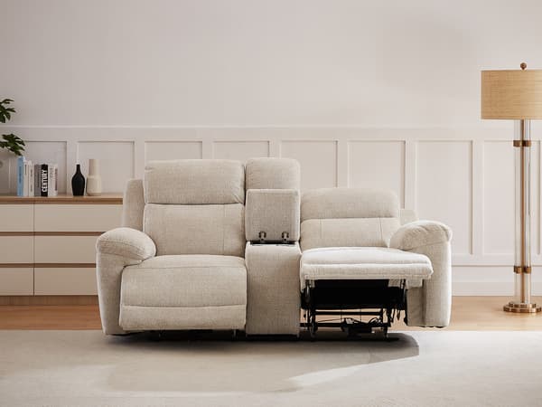 Vente-unique - KELUNO 2-sits elektrisk vilsoffa med sidobord i beige melerat tyg