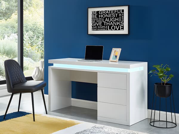 Vente-unique - Skrivbord med 3 lådor i vit lackerad MDF med LED-belysning EMERSON
