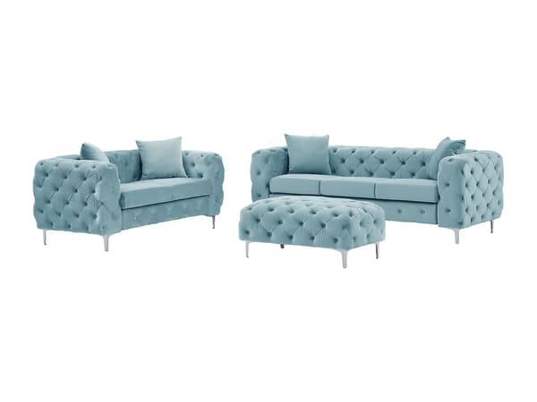 Vente-unique - 3-sits soffa, 2-sits soffa och chesterfield-puff i pastellblått sammet EDWINA