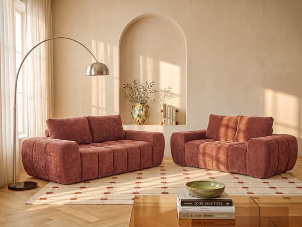 Vente-unique - Soffa 3-sits och 2-sits i texturerat tyg - Terrakotta BENAFO