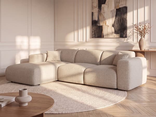 Vente-unique - Stor vänstervänd bäddsoffa i beige melerat tyg POGNI från Maison Céphy