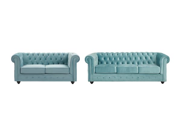 Vente-unique - 3-sitssoffa och 2-sitssoffa CHESTERFIELD - Pastellblå sammet
